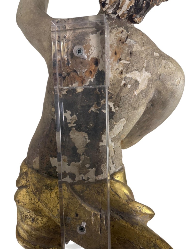19th Century Carved Polychrome and Giltwood Statue of a Putti