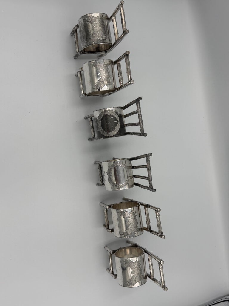 Set of 6 American Victorian Sterling Silver Figural Chair Napkin Rings