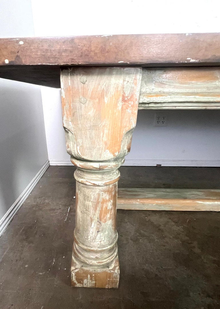 Rustic Painted Dining Table w/ Herringbone Pattern Top