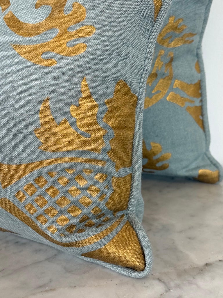 Nomi Stenciled Linen Lumbar Pillows in Celeste Blue, USA