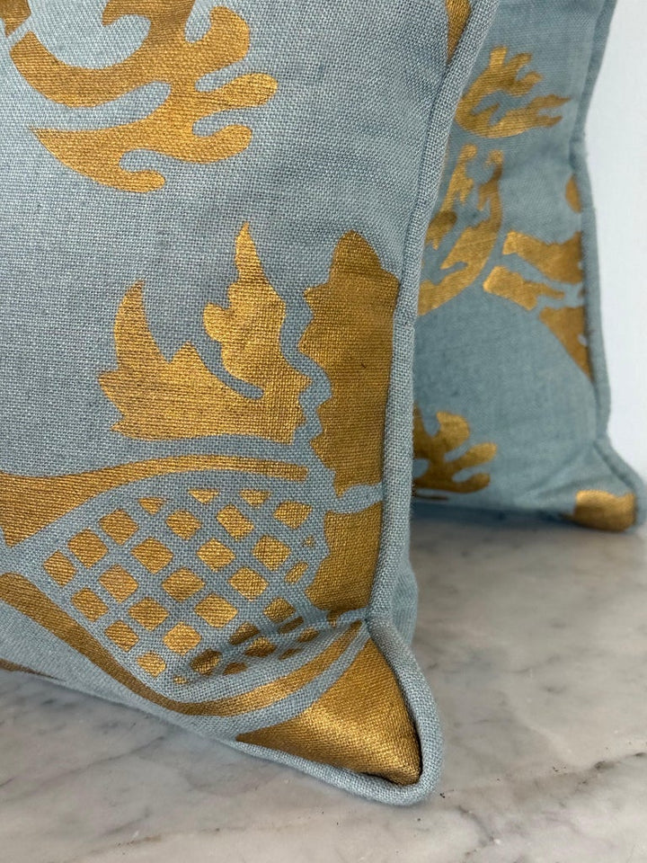 Nomi Stenciled Linen Lumbar Pillows in Celeste Blue, USA