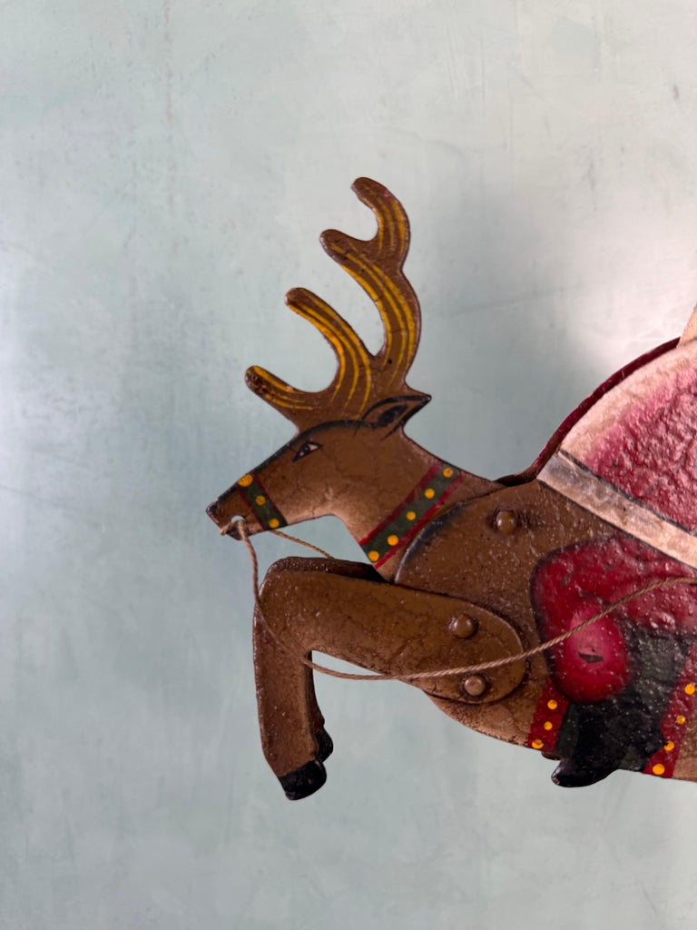 Vintage Folk Art Santa Claus on Reindeer Balancing Kinetic Sculptured