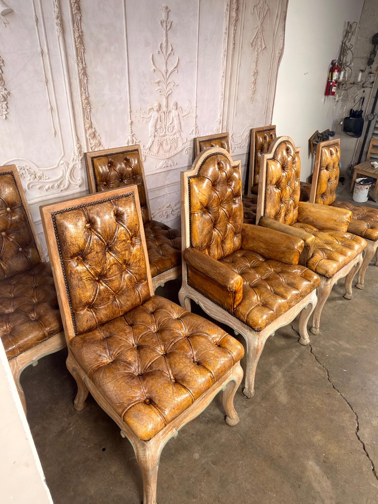 Set of 8 French Louis XV Dining Chairs, Leather Tufted, 1960s
