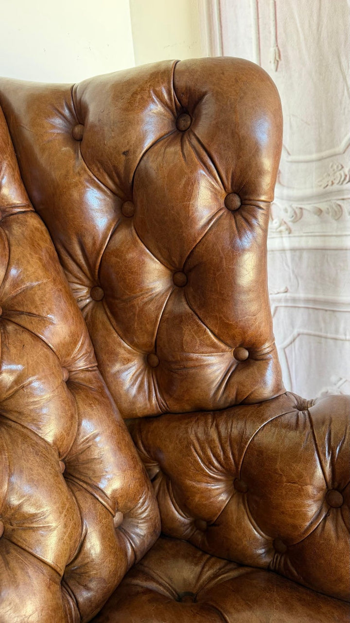 Georgian Wingback Armchairs, Leather Upholstery, Circa 1940s