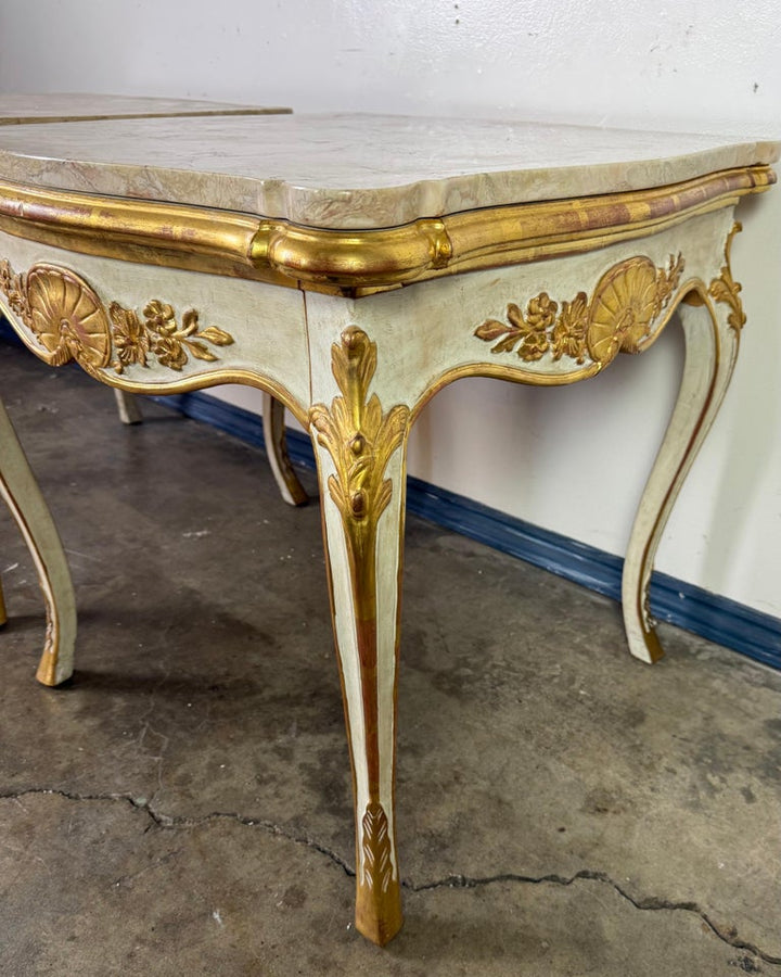 Pair of Giltwood & Painted Marble-Top Side Tables with Drawers