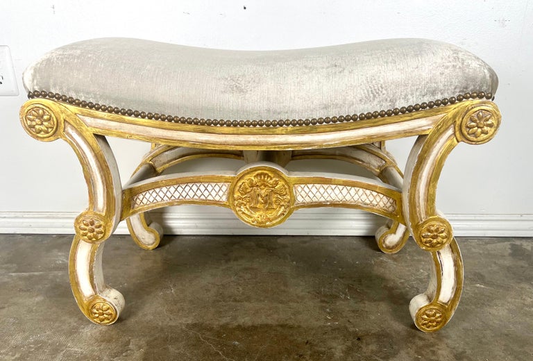 Italian Style Painted & Parcel Gilt Bench w/ Velvet