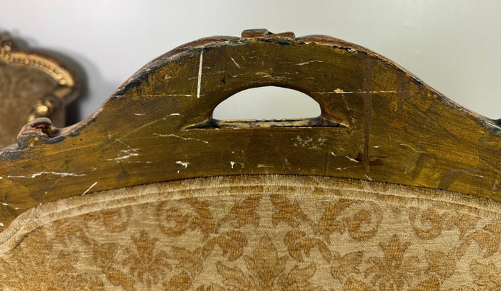 Pair of Italian Giltwood Armchairs with Damask Upholstery