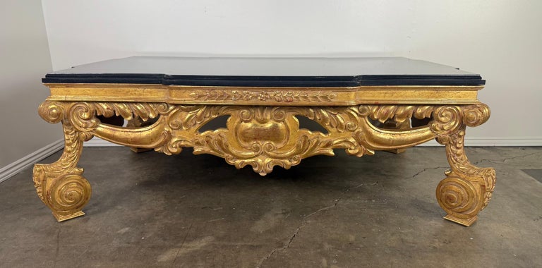 Baroque-Style 22K Gold Leaf Carved Coffee Table with Black Stone Top