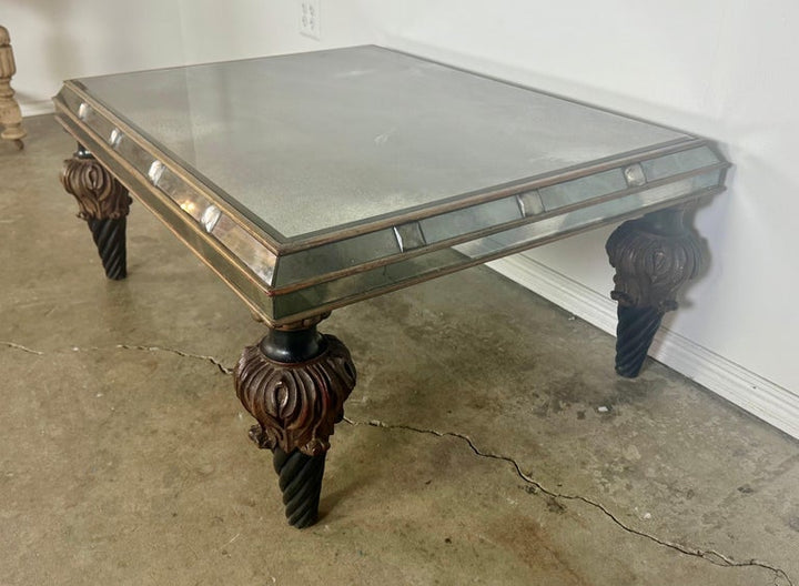 Hollywood Regency Mirrored Coffee Table with Carved Wood and Twisted