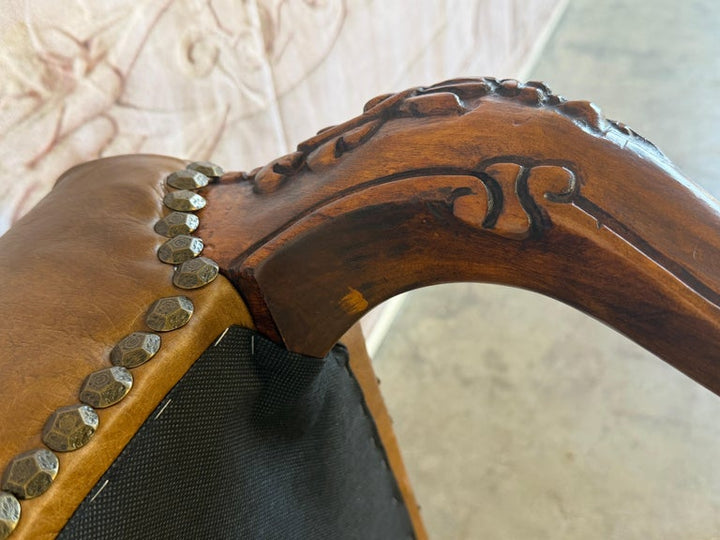 Antique French Louis XV Bench, Hand-Carved Wood &amp; Brown Leather