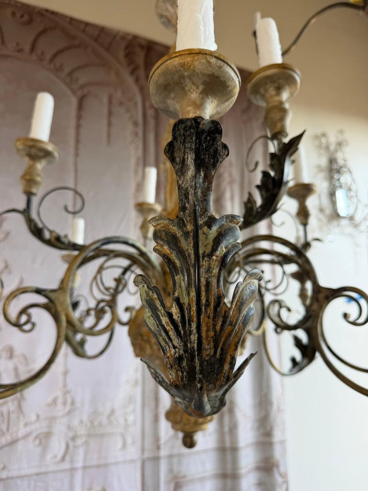 Monumental Italian Rococo Painted Wood & Wrought Iron 12-Light Chandelier