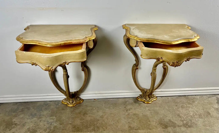 Pair of Italian Painted & Parcel Gilt Consoles w/ Drawers