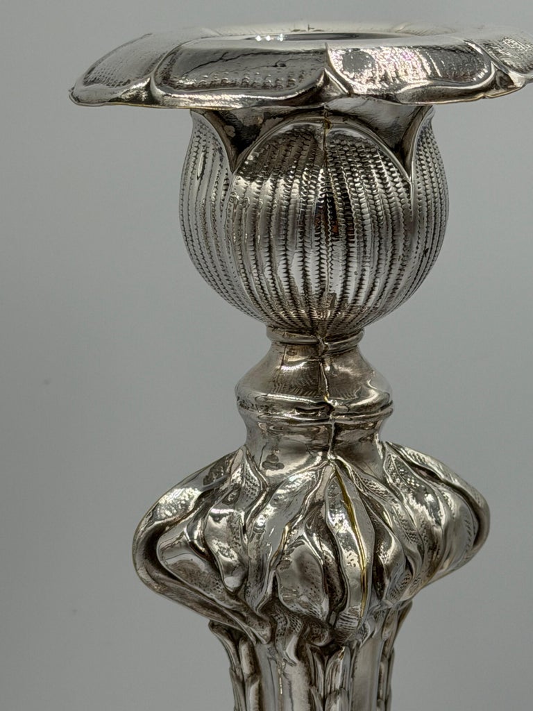 Pair of Baroque Revival Silver Candlesticks with Figural Tripod Bases