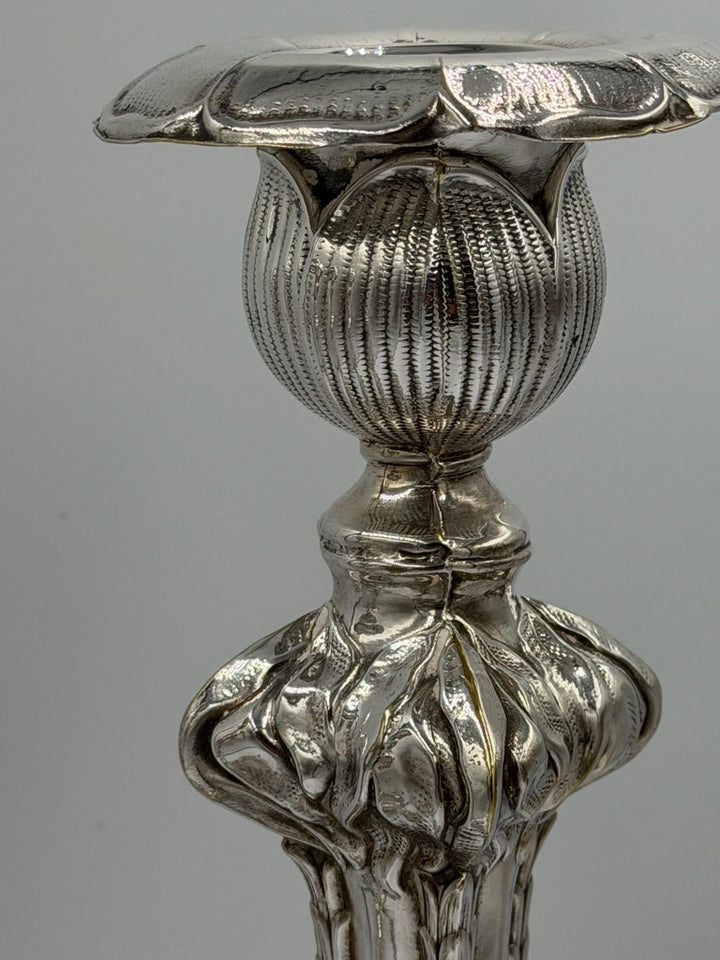 Pair of Baroque Revival Silver Candlesticks with Figural Tripod Bases