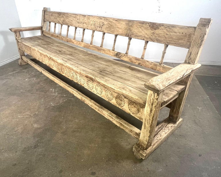 Early 19th C. Italian Carved Rustic Bench "Ave Maria"