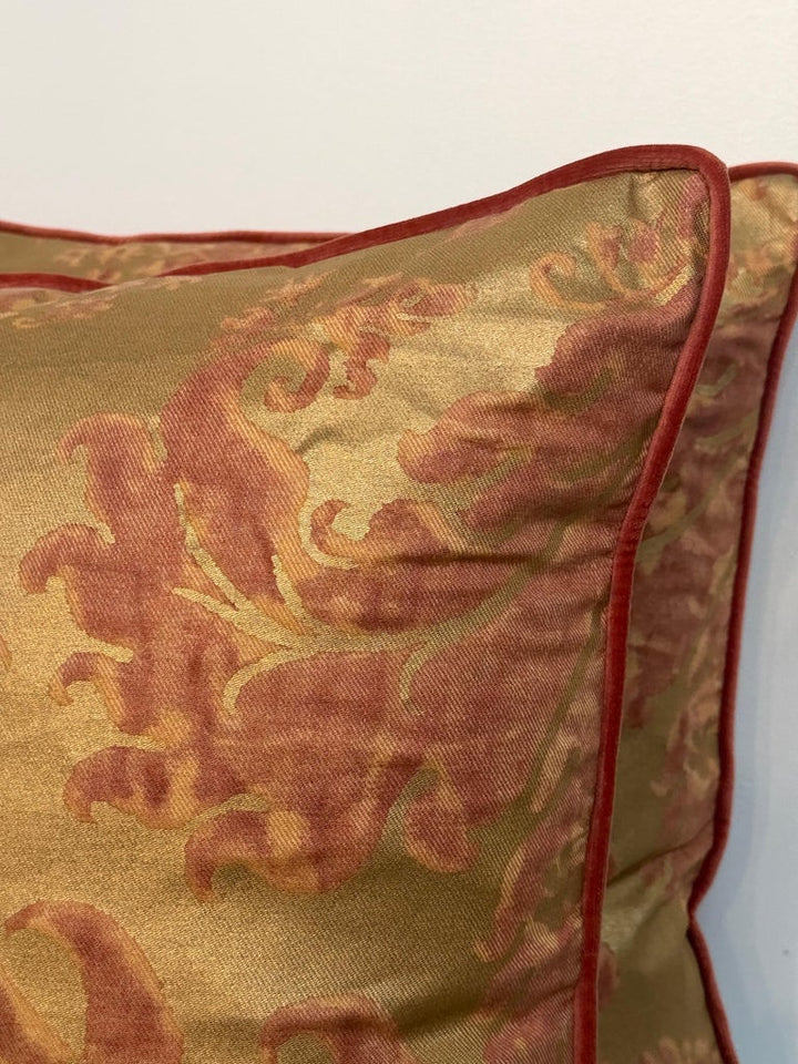 Custom Mariano Fortuny Pillows in Antique Gold &amp; Coral Damask