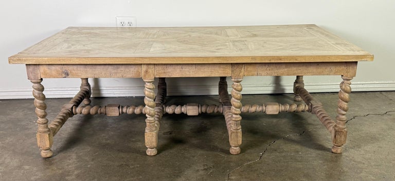 Large European Rustic Coffee Table with Parquetry Top and Barley-Twist Base