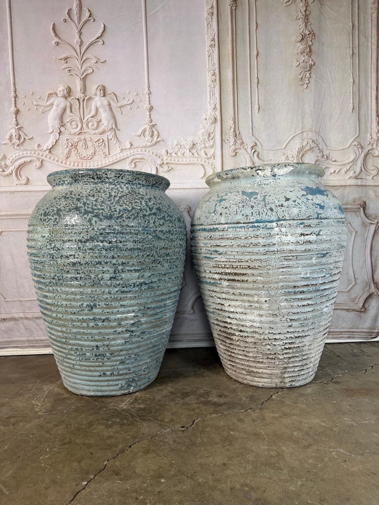 Pair of Antique Weathered Terracotta Garden Urns with Blue Patina