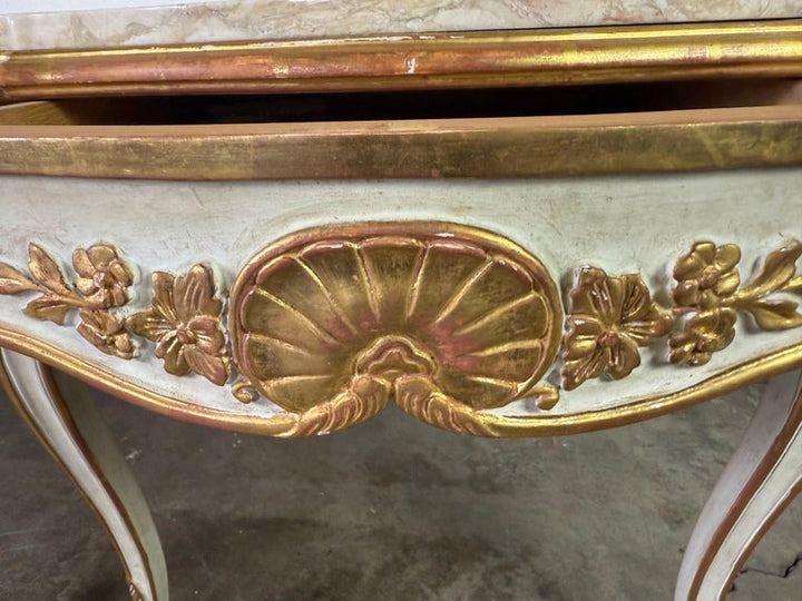 Pair of Giltwood & Painted Marble-Top Side Tables with Drawers