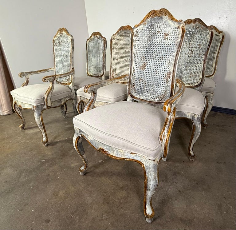 Set of 8 Distressed French Louis XV Style Dining Chairs with Cane Backs