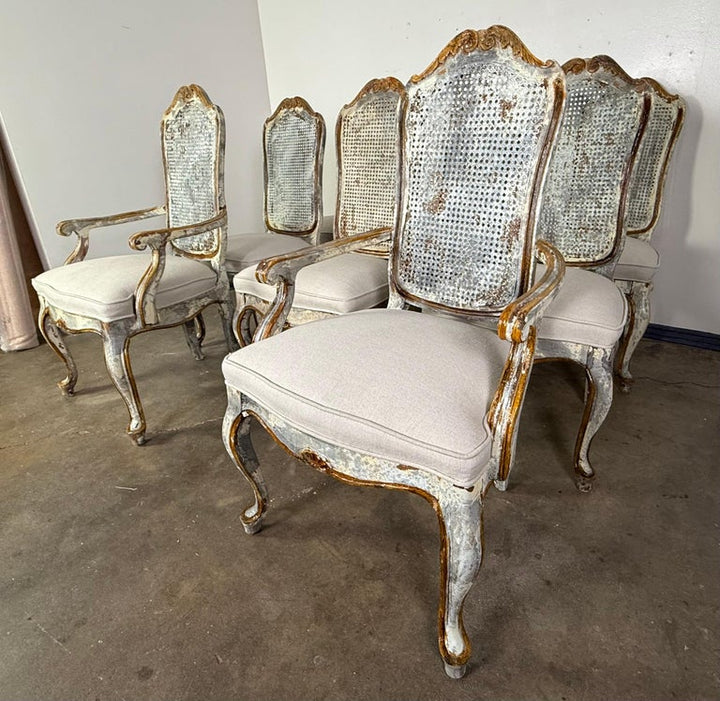 Set of 8 Distressed French Louis XV Style Dining Chairs with Cane Backs