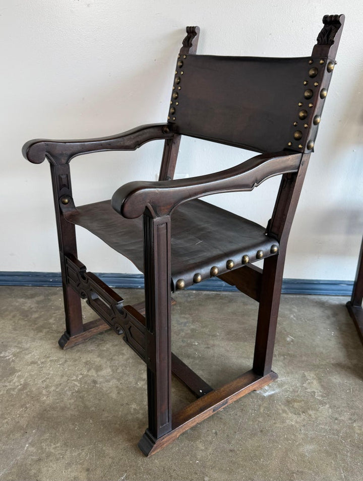 Set of Ten Spanish Revival Leather Dining Chairs, circa 1920s