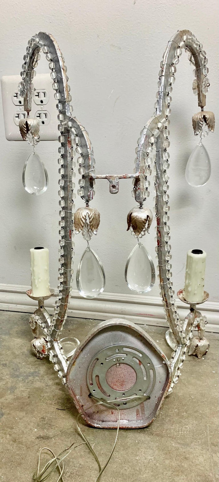 Pair of Silvered 2-Light Crystal Sconces