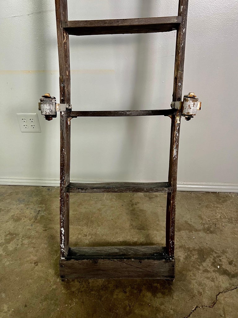 Antique Rustic Library Ladder, Iron & Wood with Distressed Patina