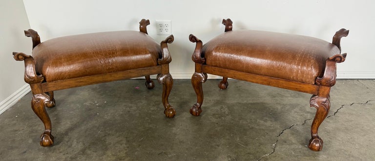 Pair of Spanish Revival Embossed Leather Benches