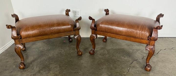 Pair of Spanish Revival Embossed Leather Benches