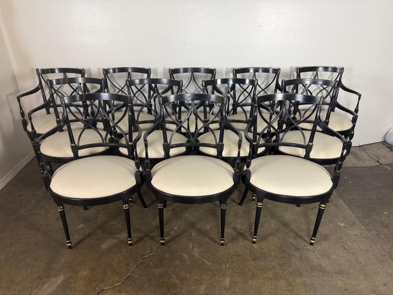 Set of Twelve Regency-Style Ebonized Dining Chairs with Linen Seats