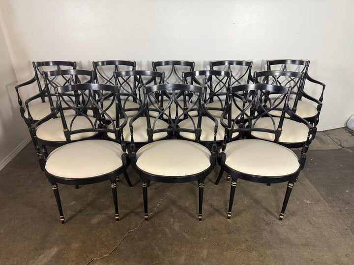 Set of Twelve Regency-Style Ebonized Dining Chairs with Linen Seats