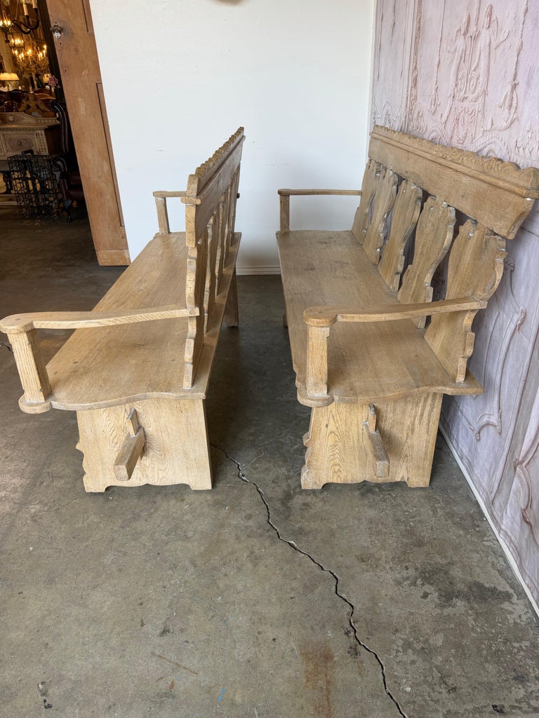Rustic Hand-Carved Oak Benches, Pair, Folk Art / Spanish Colonial Style