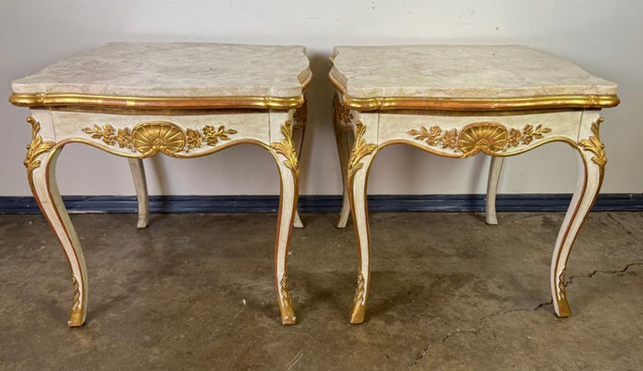 Pair of Giltwood & Painted Marble-Top Side Tables with Drawers