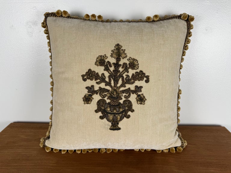 Pair of Custom Velvet Pillows with 19th-Century French Metallic Appliqués