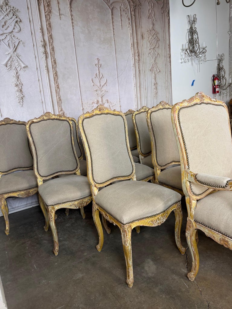 Set of 14 French Louis XV Style Distressed Dining Chairs with Linen Upholstery