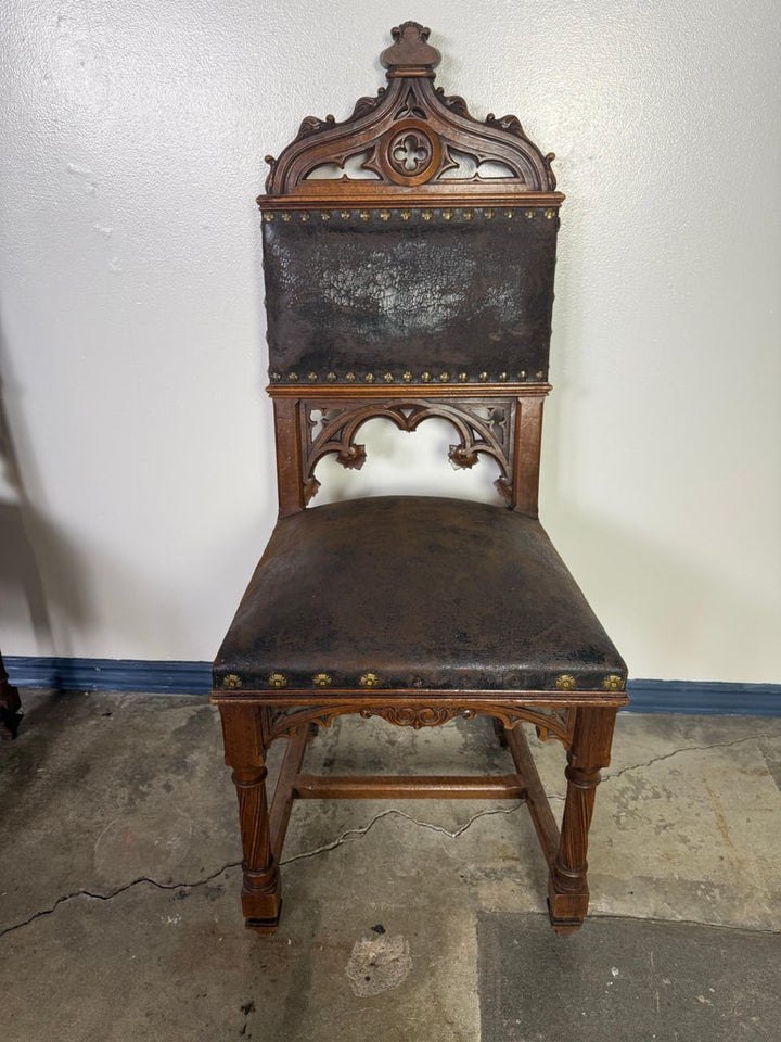 Set of Six 19th C. Gothic-Style Leather Dining Chairs