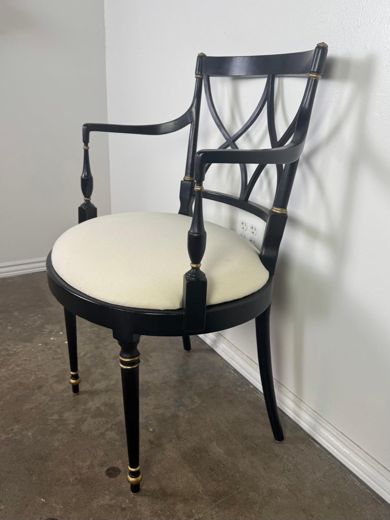 Set of Ten Regency-Style Ebonized Dining Chairs with Linen Seats