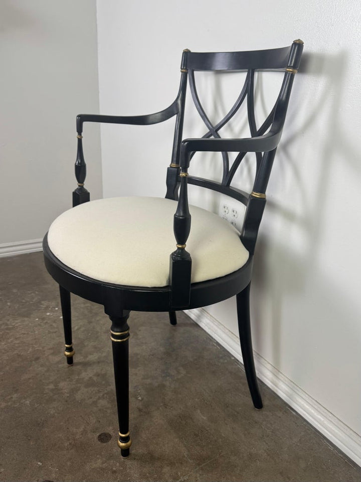 Set of Ten Regency-Style Ebonized Dining Chairs with Linen Seats