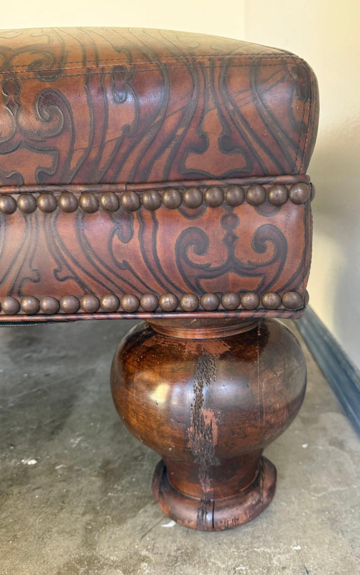 Large Embossed Leather Ottoman with Bun Feet