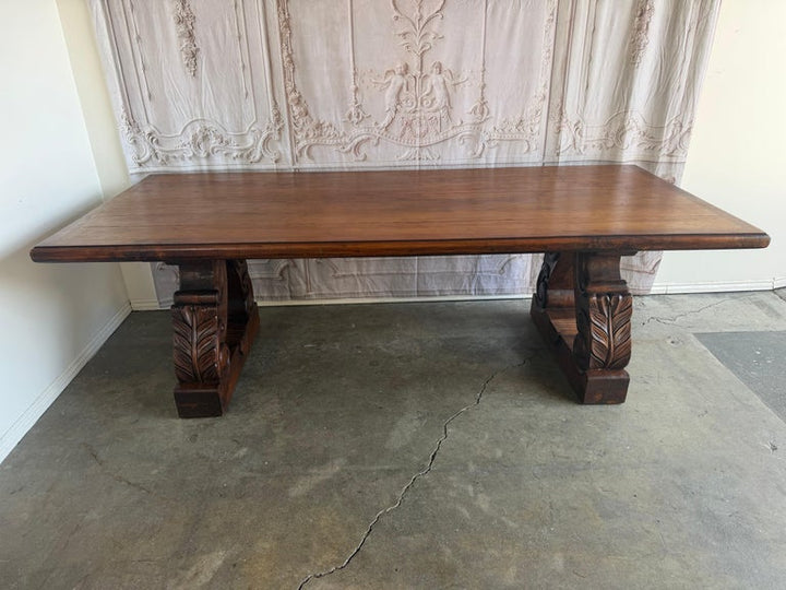 Spanish Colonial Revival Walnut Dining Table with Hand-Carved Scrollo