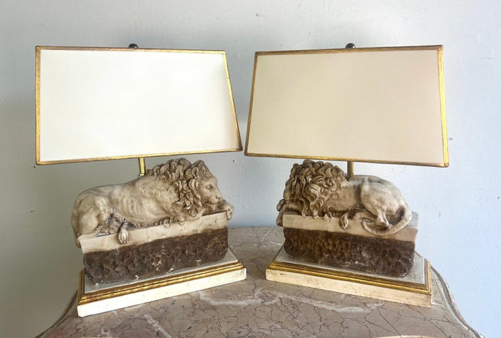 Pair of Italian Carved Stone Lion Lamps with Parchment Shades