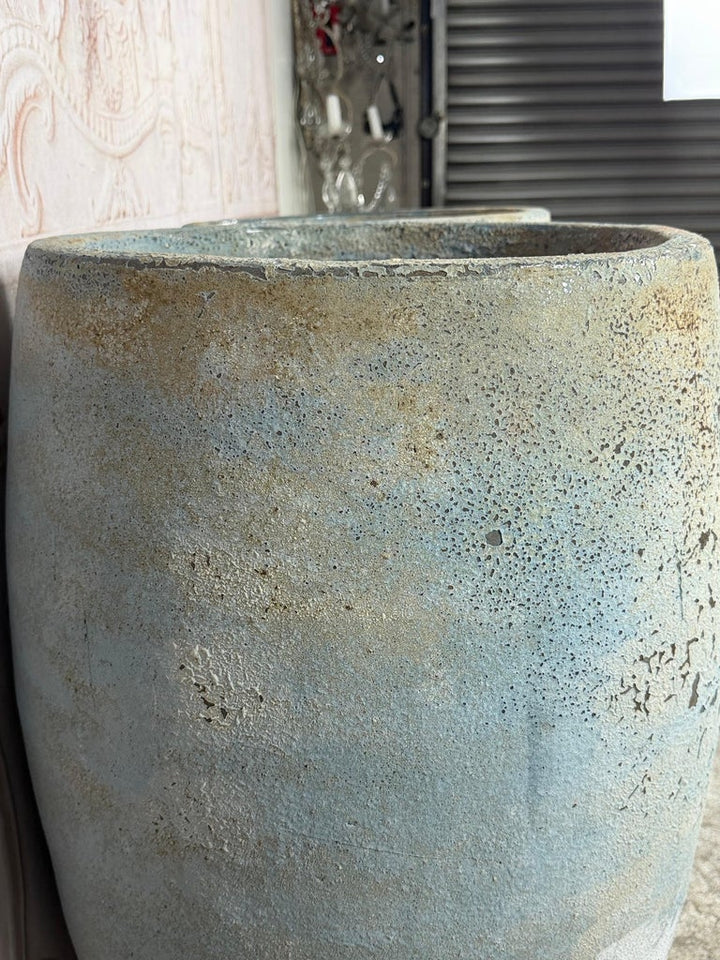 Pair of Large Atelier Vierkant Style Planters - Ocean Blue Patina Barrel Pots