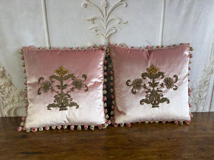 Pair of French Couture Blush Silk Velvet Pillows with 19th Century Appliques&