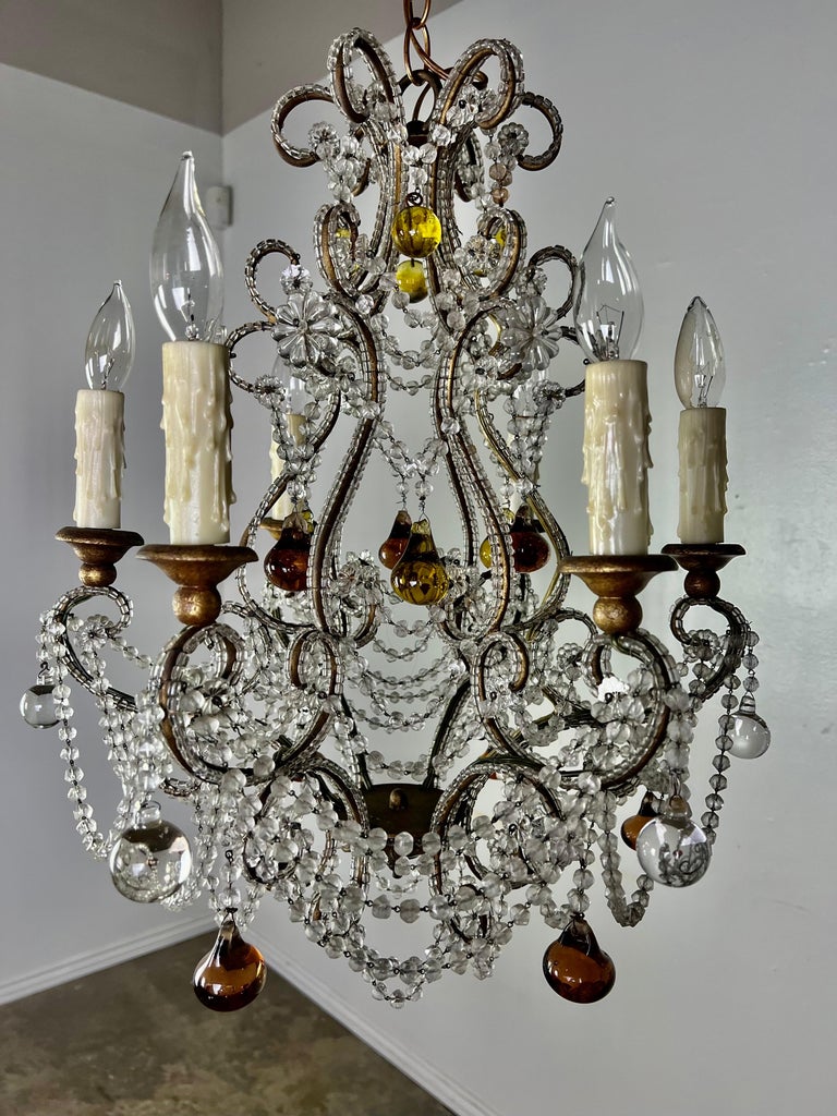 French Crystal Beaded Chandelier W/ Amber Drops, circa 1930