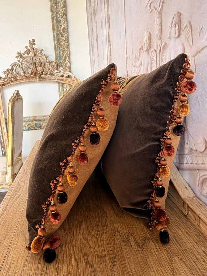 Pair of Custom Velvet Pillows with 19th Century French Appliqué Panels