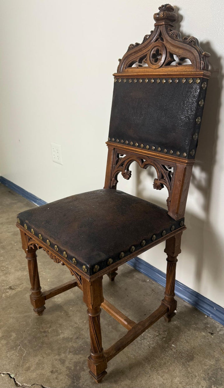 Set of Six 19th C. Gothic-Style Leather Dining Chairs