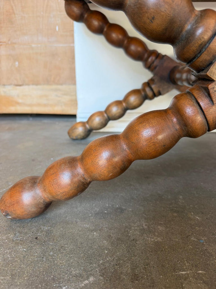Pair of Spanish Colonial Baroque Bobbin - X-Base Stools with Distressed Leather