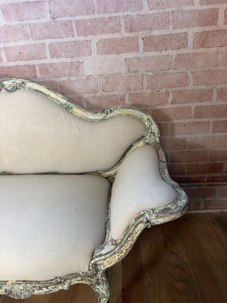 French Louis XV Corbeille Settee with Original Distressed Patina and Shell Crest