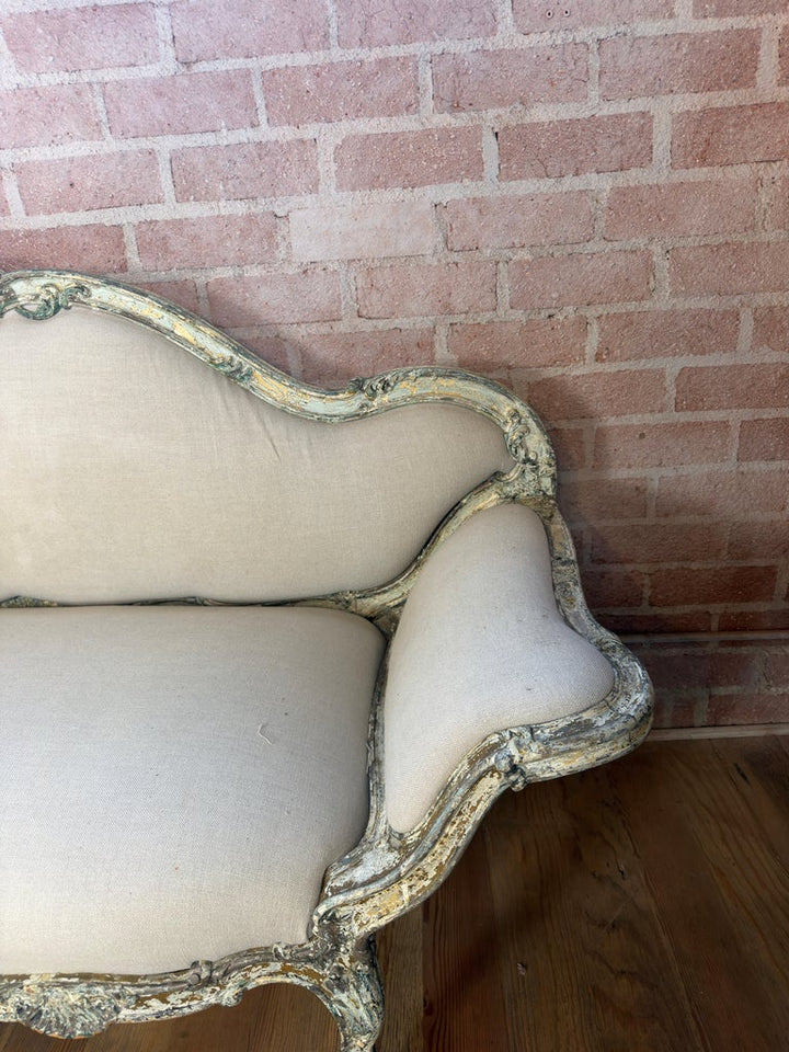 French Louis XV Corbeille Settee with Original Distressed Patina and Shell Crest